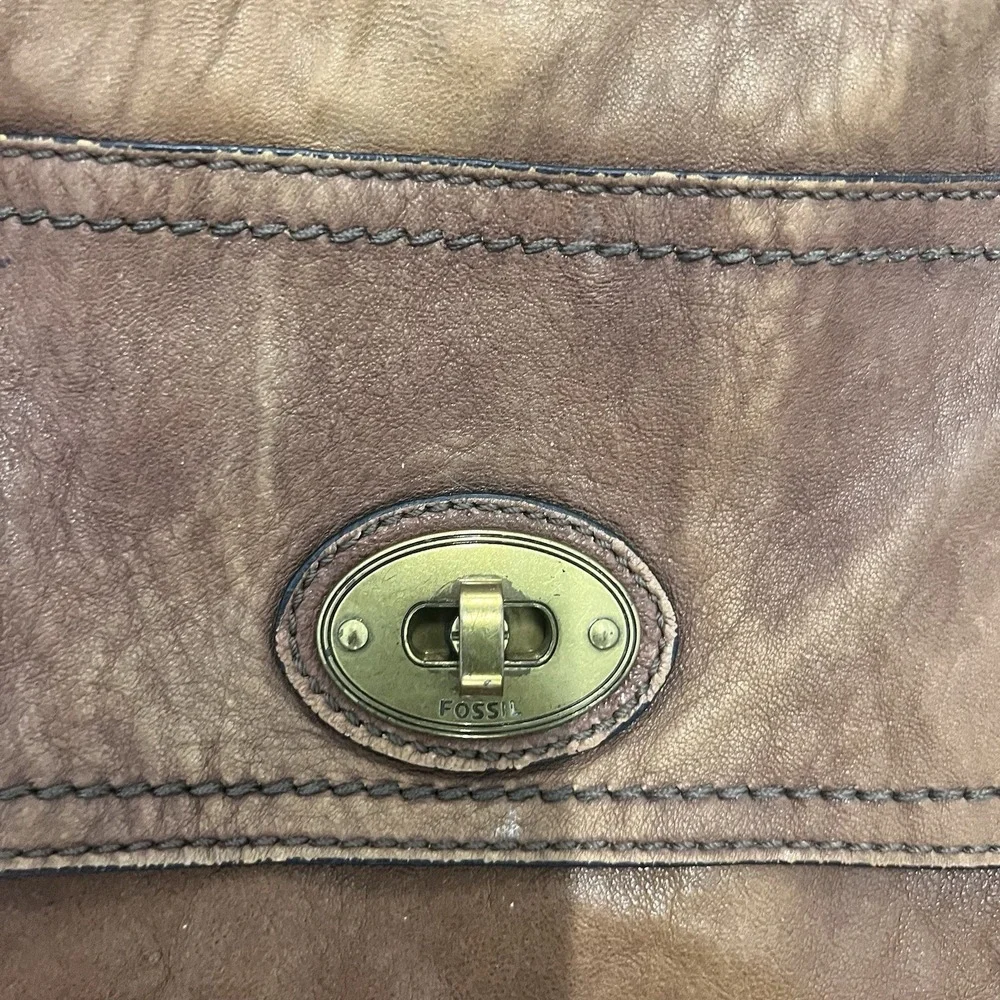 Fossil Leather Satchel Crossbody Bag Cognac Brown Brass Turnlock Key Charm Purse